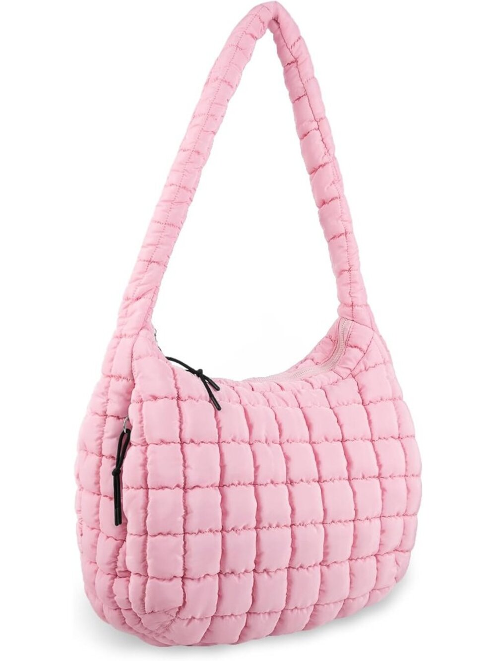 Women's 01 Pink Quilted Puffer Lightweight Zipper Nylon Hobo Shoulder Handbag